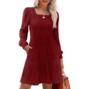 Women Red Square Neck Long Sleeve Fall Dresses Casual Babydoll Sweater Dress